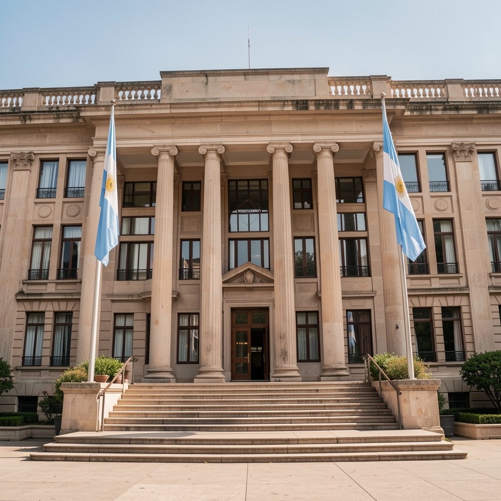 Sede del Banco Central de la República Argentina en Buenos Aires con fachada institucional y banderas argentinas