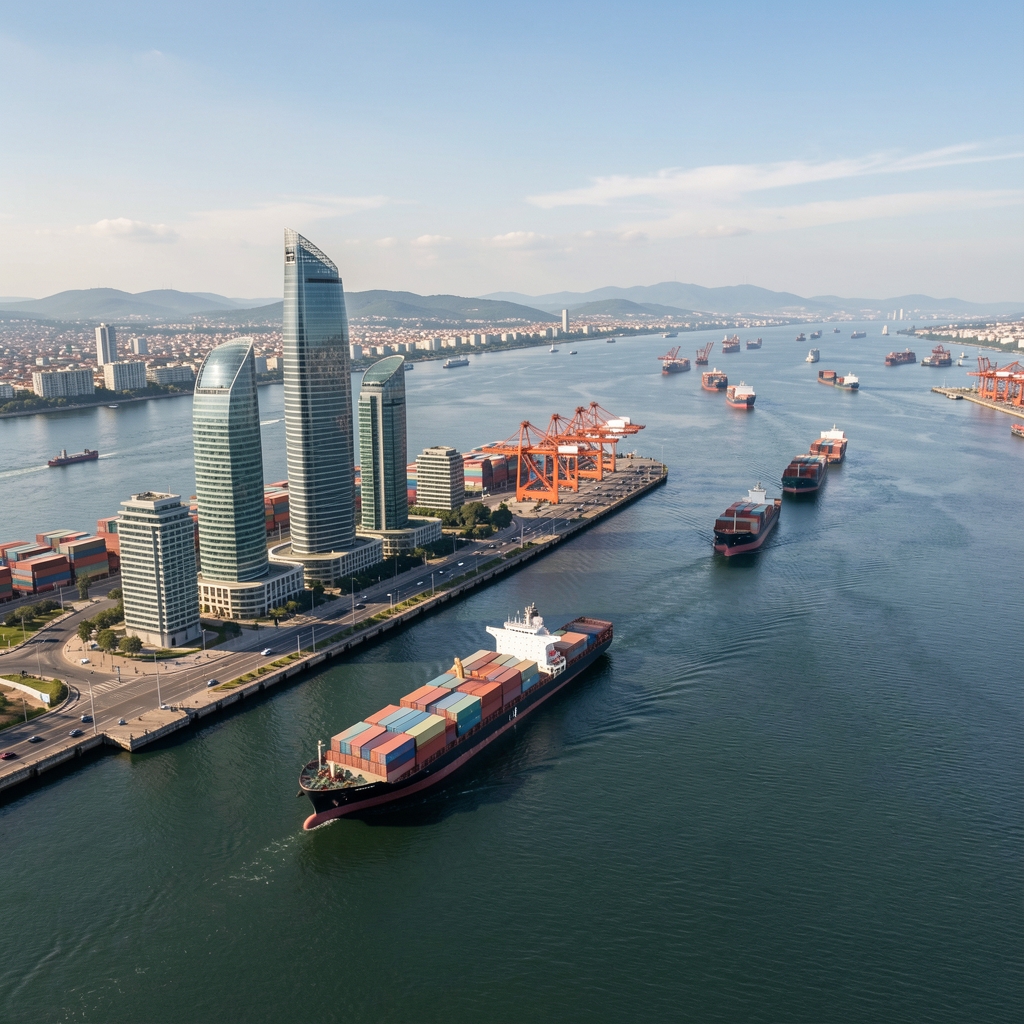 Vista aérea del Puerto Madero Buenos Aires con rascacielos modernos y buques de carga en el Río de la Plata representando comercio exterior argentino