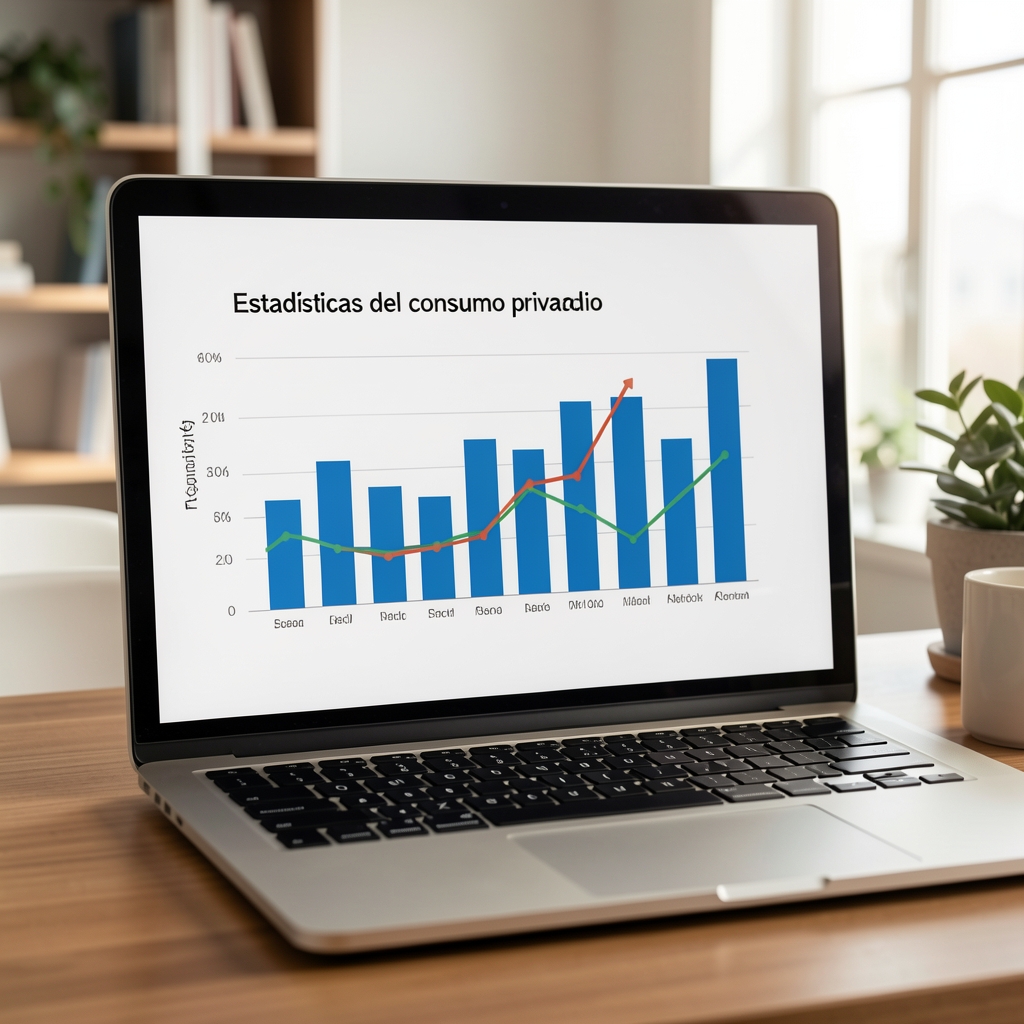 Estadísticas del consumo privado en Argentina con gráficas de barras y líneas tendenciales en pantalla de computadora mostrando caída del poder adquisitivo