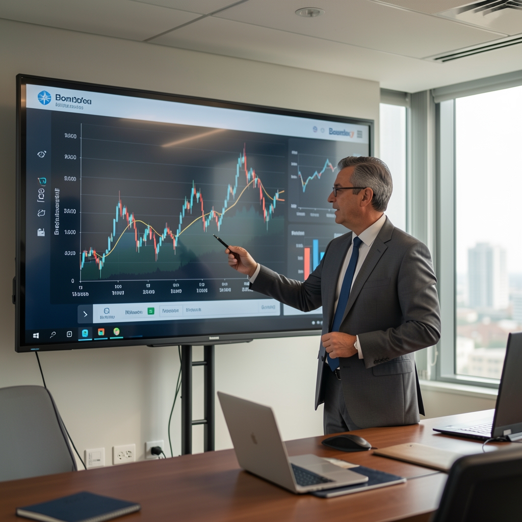 Economista argentino presentando gráficos de inflación y tipo de cambio en pantalla grande, sala de análisis con datos del INDEC y Bloomberg