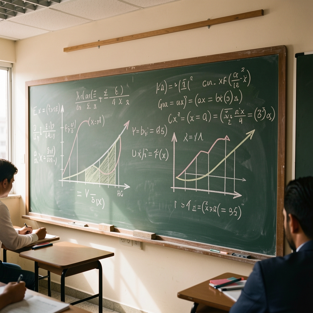 Pizarrón universitario con ecuaciones económicas y gráficos de oferta y demanda dibujados con tiza en clase de economía en Argentina