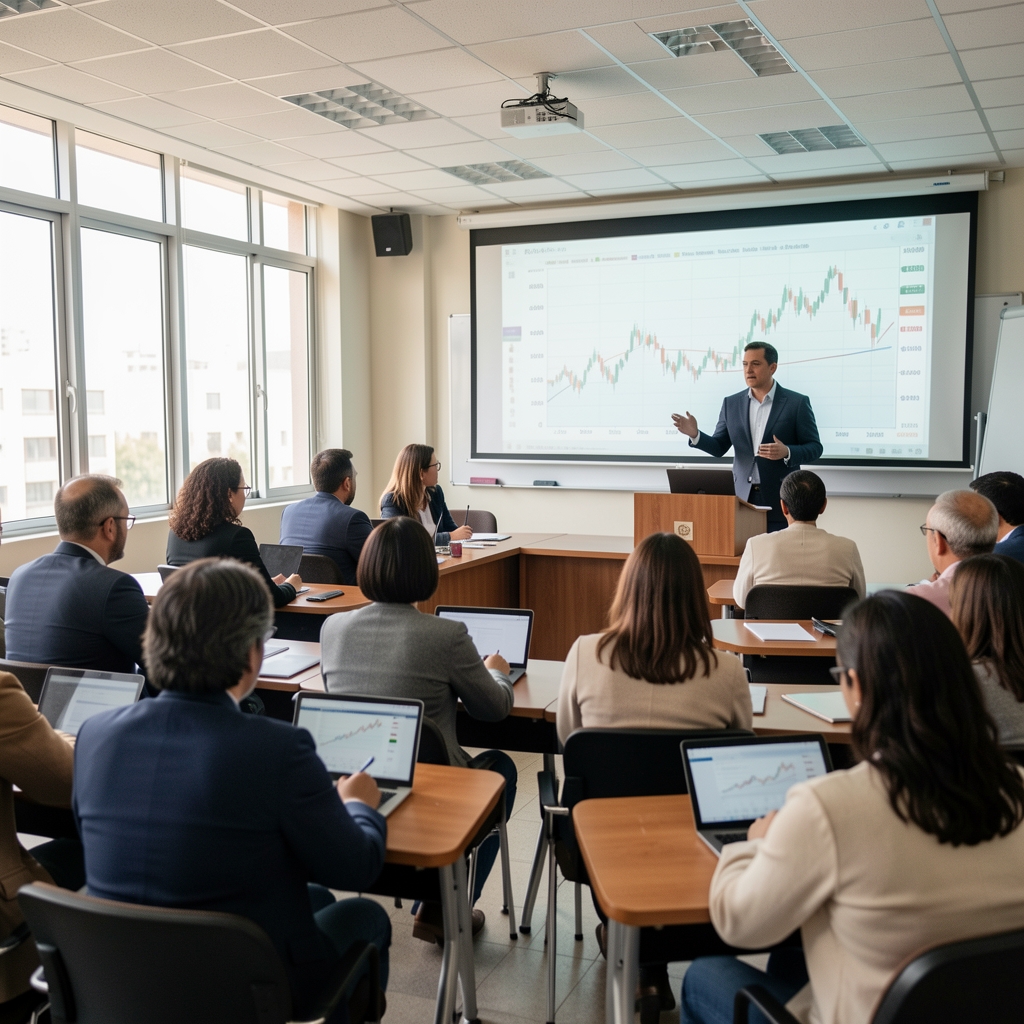 Aula de posgrado en universidad argentina con estudiantes adultos siguiendo clase sobre finanzas corporativas con proyección de indicadores bursátiles