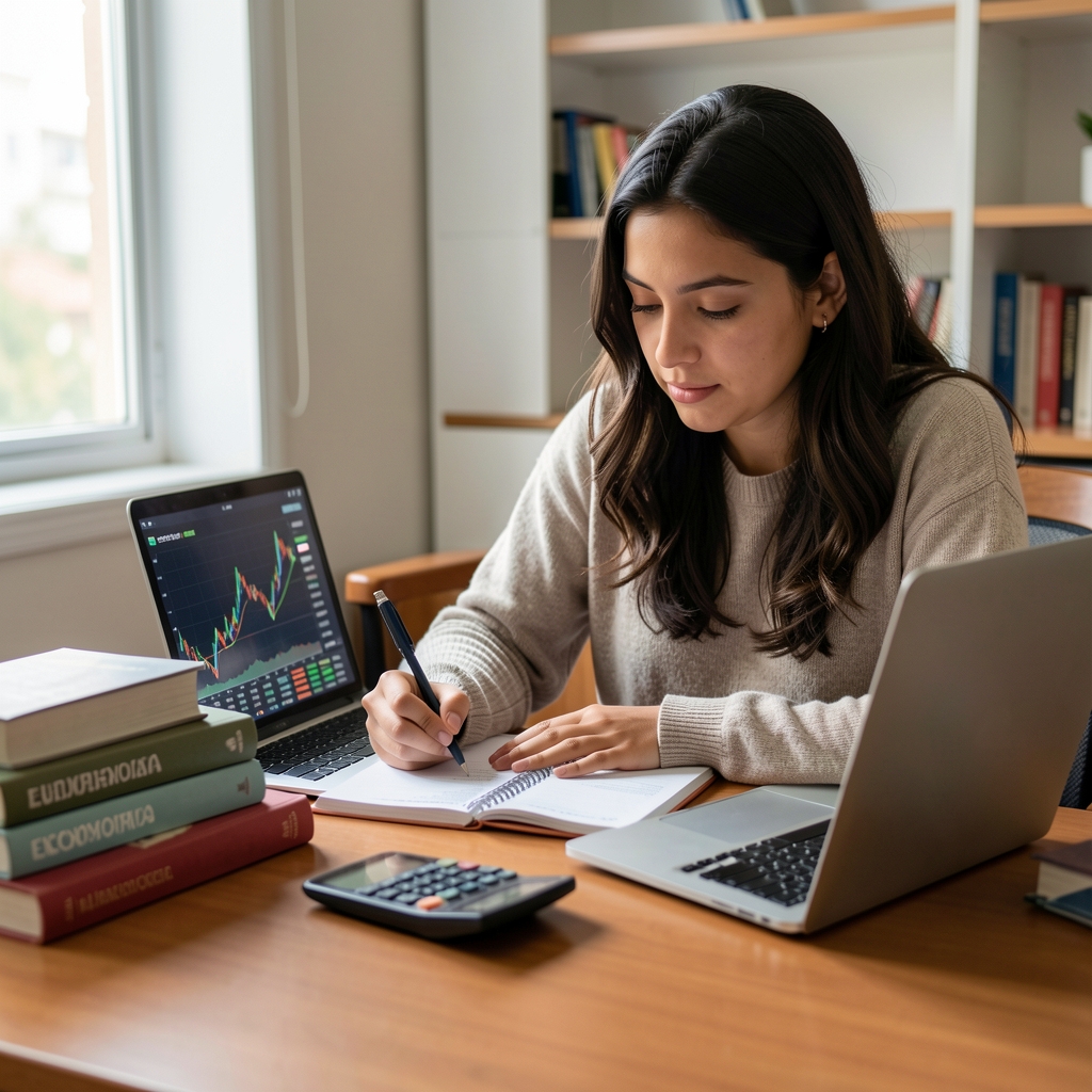 Estudiante universitaria argentina tomando apuntes sobre economía con libros de texto, calculadora y laptop abierta con datos macroeconómicos