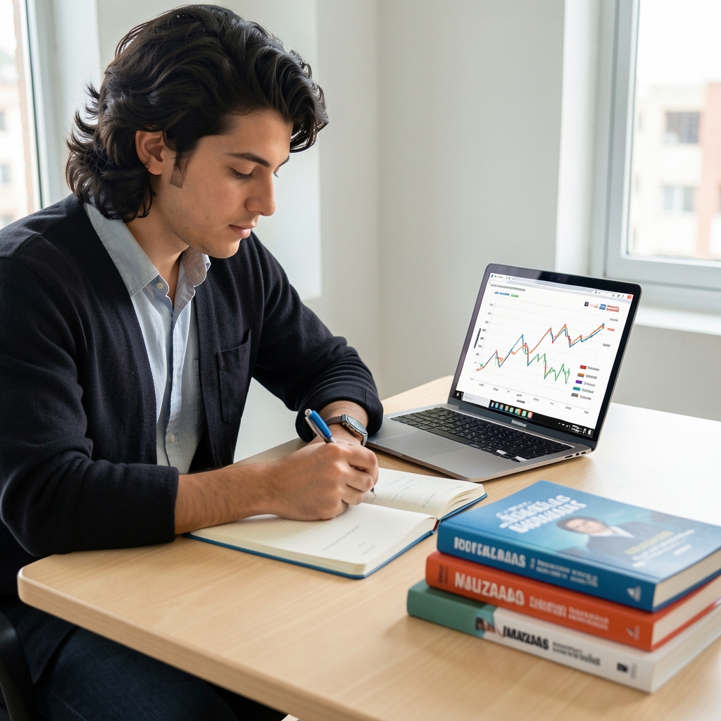 Estudiante de economía argentina tomando apuntes en cuaderno junto a laptop con gráficos de indicadores macroeconómicos, libros de texto de finanzas sobre escritorio de madera clara