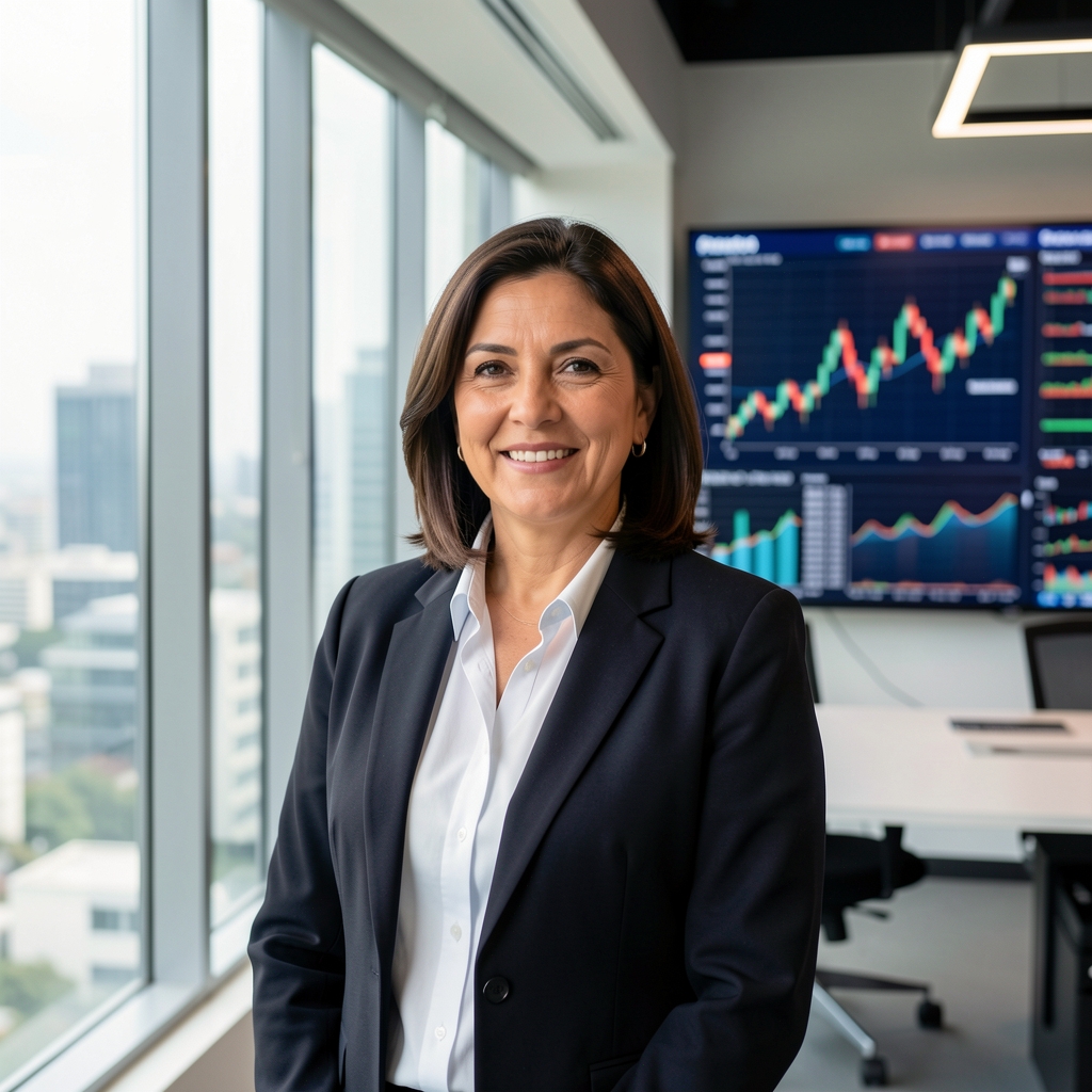 Economista argentina de mediana edad en traje formal oscuro en oficina financiera moderna con ventanales y gráficos de mercado de fondo