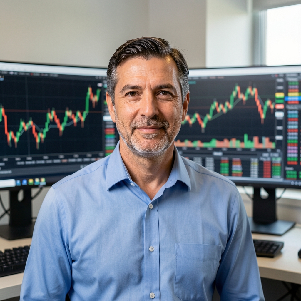 Analista financiero argentino hombre de 40 años con camisa azul frente a pantallas con gráficos bursátiles y datos de mercados financieros