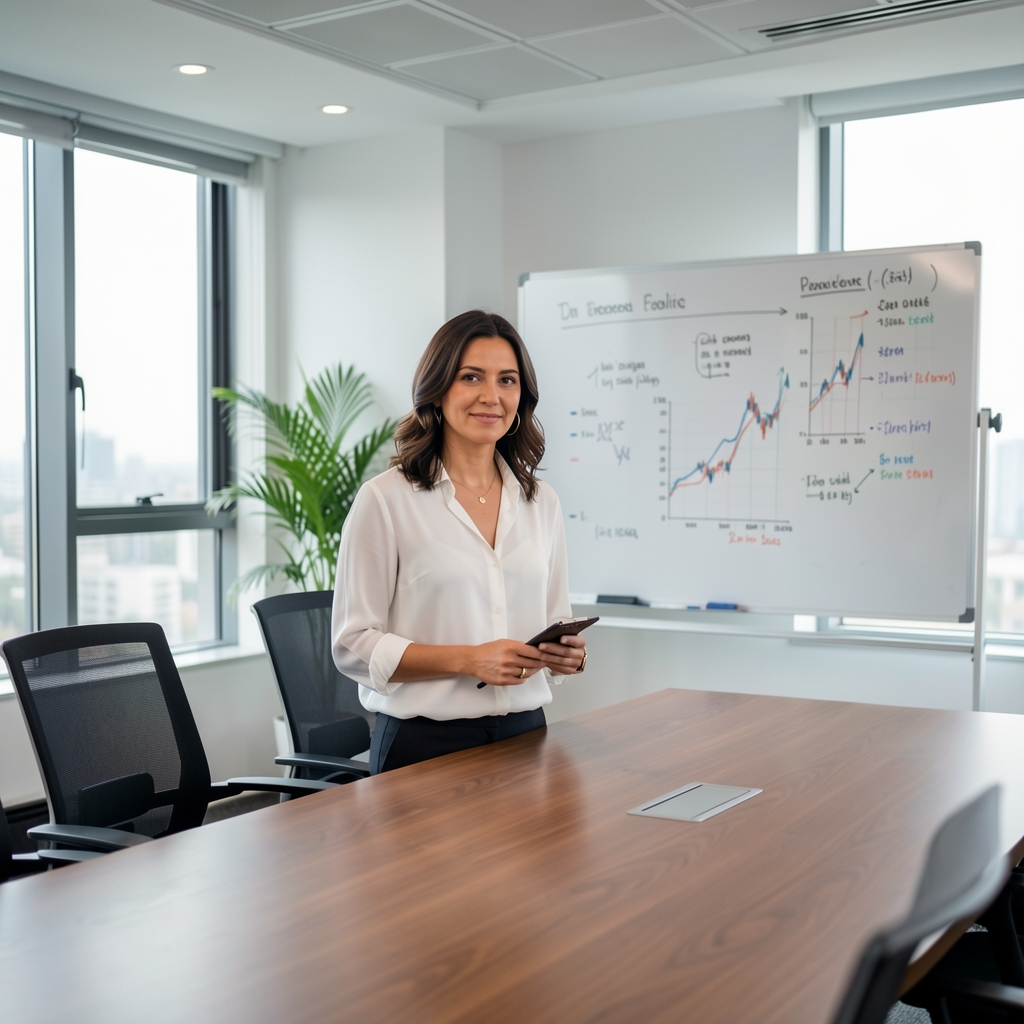 Mujer economista argentina de 35 años con blusa blanca en sala de reuniones moderna con pizarrón de datos económicos y proyecciones fiscales