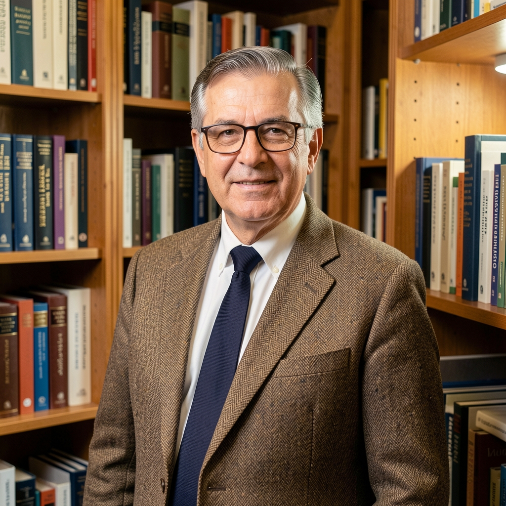 Hombre economista argentino mayor de 50 años con lentes y saco tweed en biblioteca académica rodeado de libros de economía y finanzas internacionales