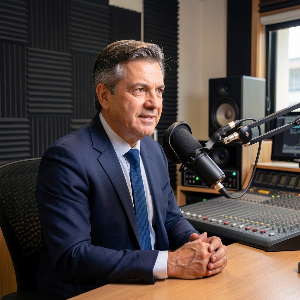 Periodista económico argentino hombre de 45 años con micrófono en estudio de grabación profesional con paneles acústicos y equipo de audio de alta gama