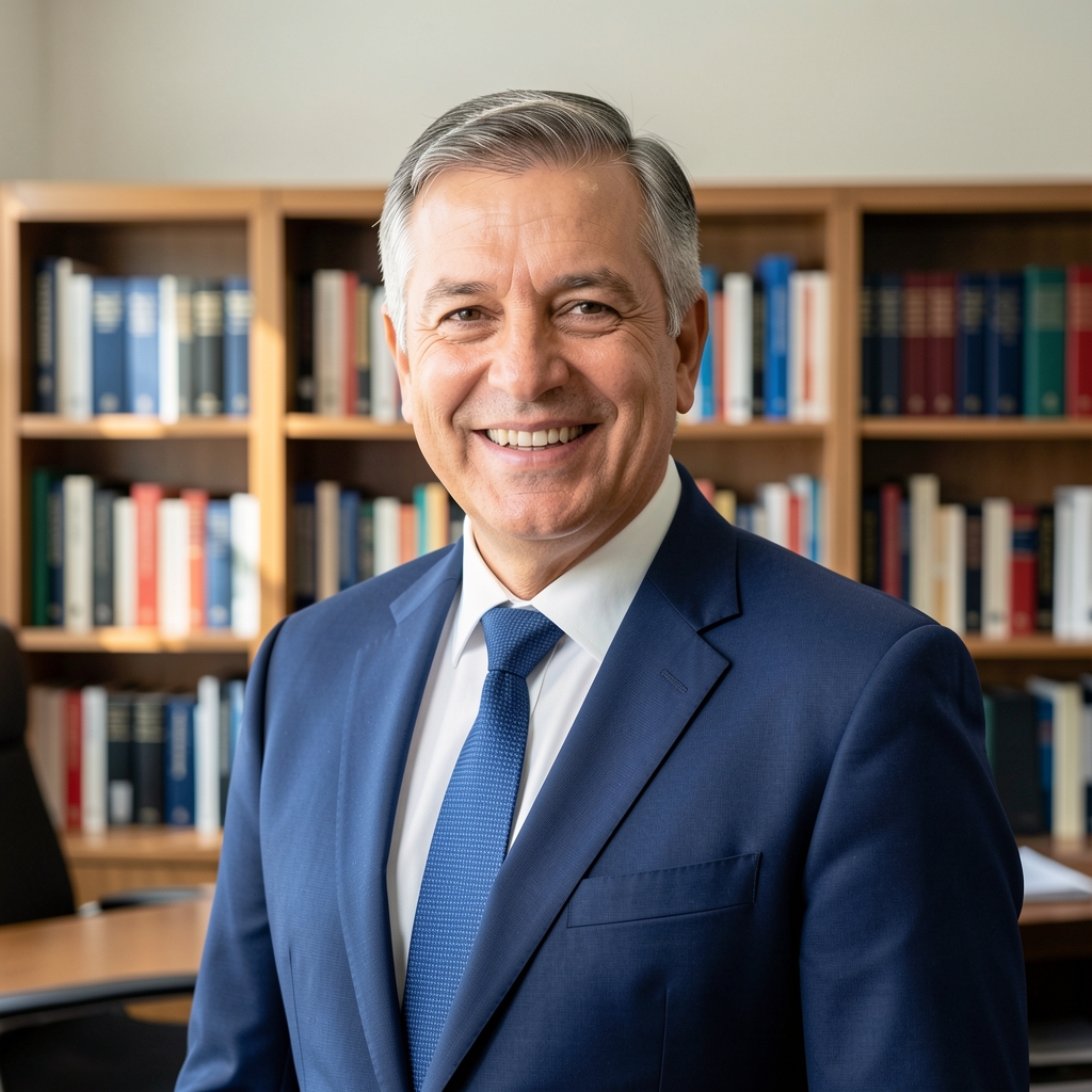 Economista argentino de mediana edad con traje azul marino, sonriente, fondo de oficina profesional con libros de economía