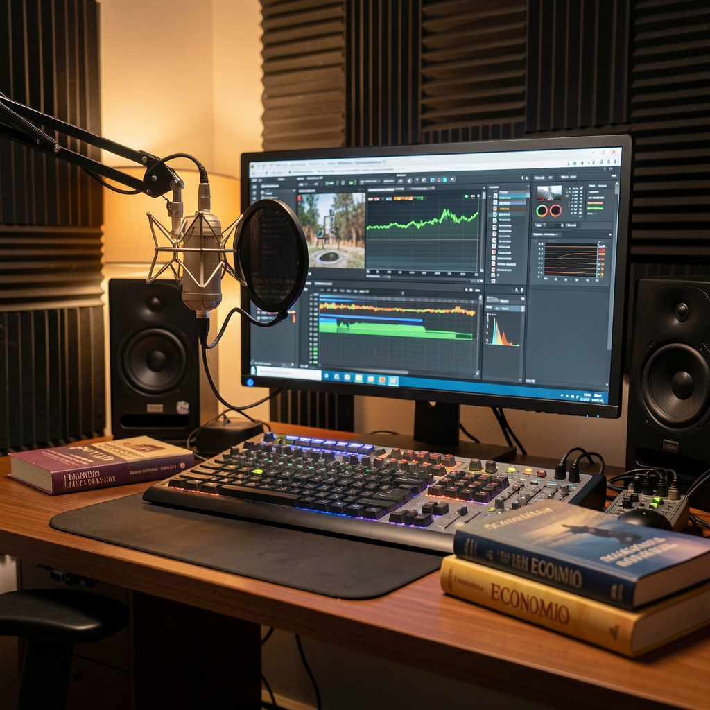 Estudio de grabación profesional con micrófono de condensador, pantalla de edición de audio y libros de economía sobre el escritorio, iluminado con luz cálida