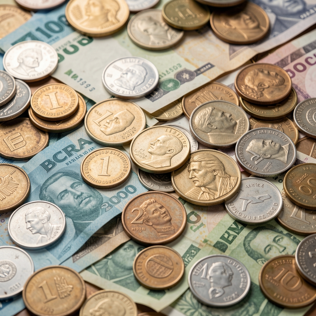 Arte del episodio de podcast sobre tipo de cambio y reservas del BCRA con imagen abstracta de monedas y billetes argentinos