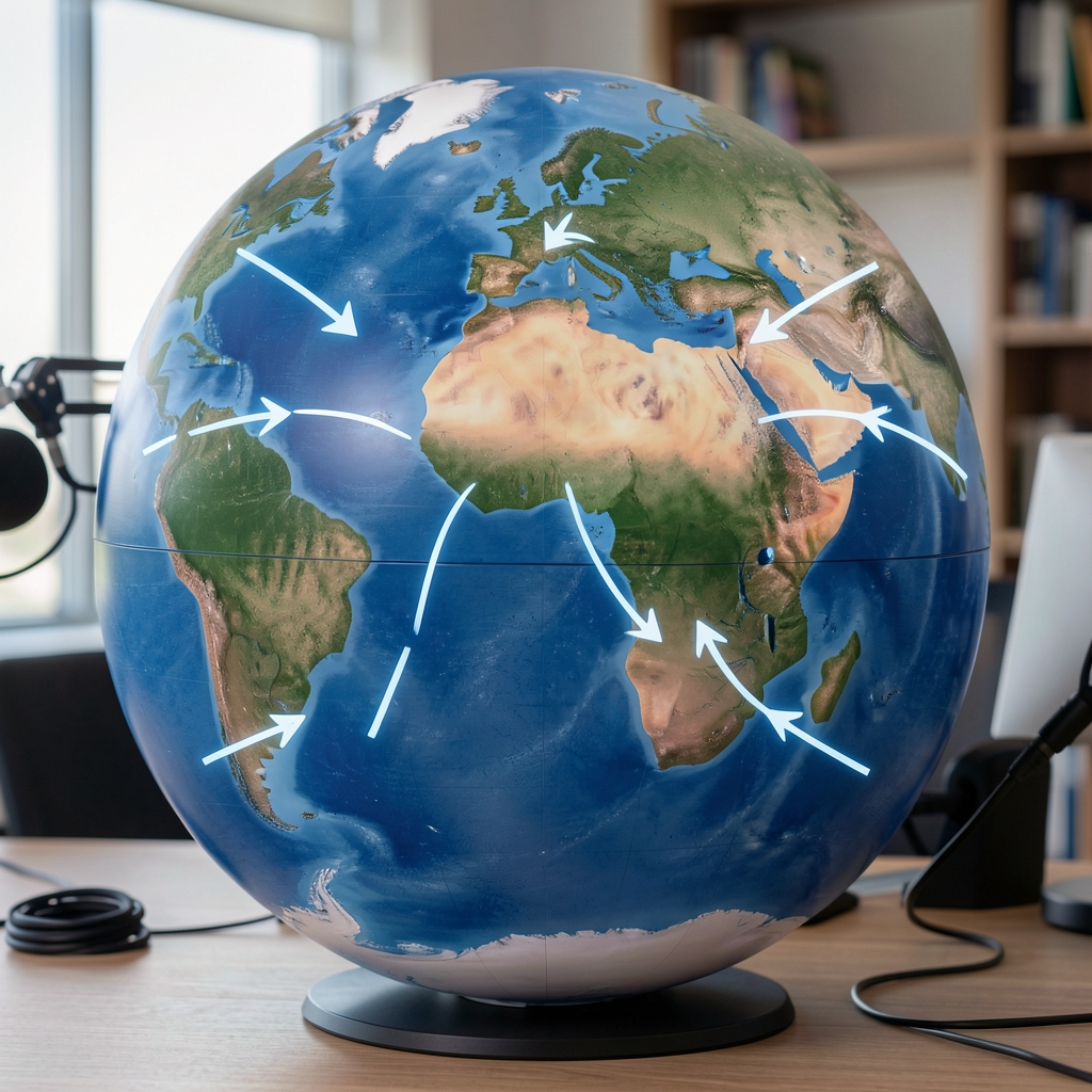 Globo terráqueo con flechas de flujos de capital financiero internacional, documentos económicos y laptop en escritorio moderno