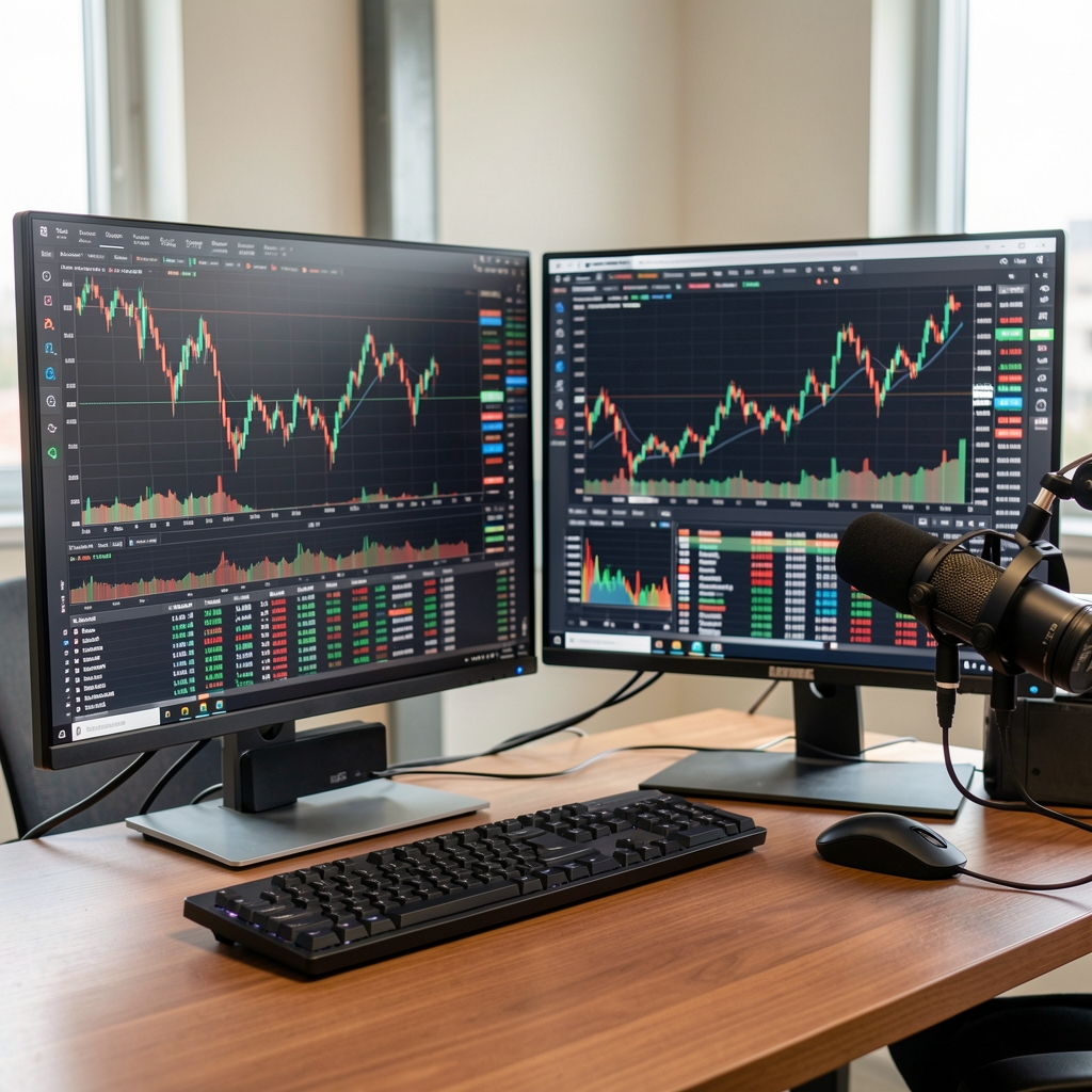 Pantallas de trading con gráficos de velas japonesas y datos de mercados financieros de Buenos Aires, colores verde y rojo en monitores